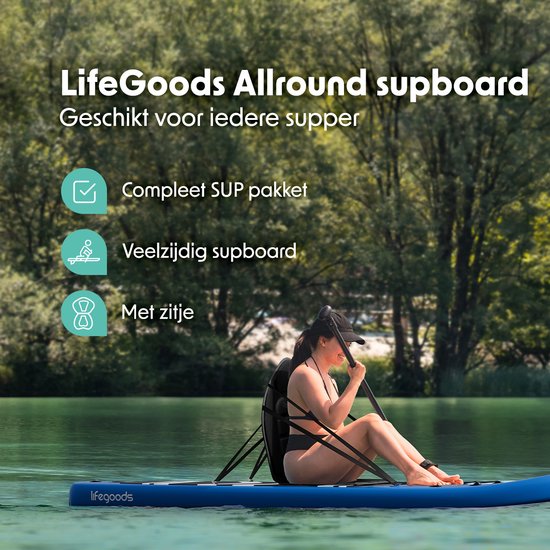 LifeGoods - PaddlePro SUP Board - met Zitje - Opblaasbaar Paddle Board - Complete Set - Max. 135KG - 320 x 81 cm - Blauw