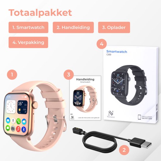 Nuvance - Smartwatch Heren & Dames met Bluetooth - 45mm - Geschikt voor alle Smartphones - Stappenteller en Hartslagmeter - Waterdicht - Lichtroze