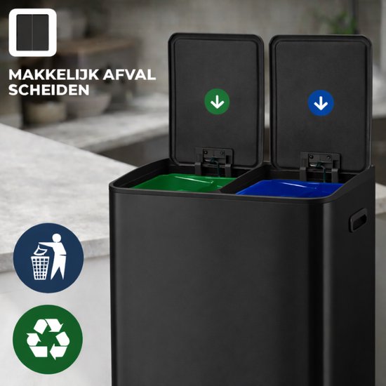 Bayt Prullenbak - Prullenbak 60 Liter (2x30) - Vuilnisbak 60 Liter - Pedaalemmer 60 Liter - Prullenbak Afvalscheiding - Prullenbak 2 Vakken - Afvalbak - RVS - Zwart