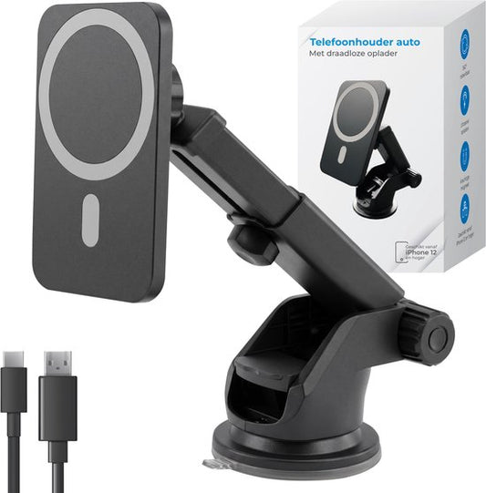 Nuvance Telefoonhouders Auto - Telefoonhouder met Zuignap - Geschikt voor MagSafe - Incl USB-C kabel - Draadloze Oplader - Gsm Houder Auto