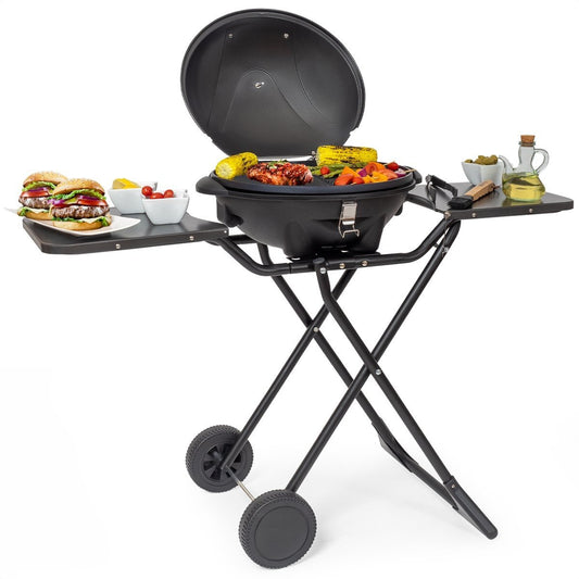 KitchenBrothers Elektrische BBQ - met Wielen - Opvouwbaar - Anti-aanbaklaag - 46,5 x 33,8cm - tot 250°C - 2400W - Zwart