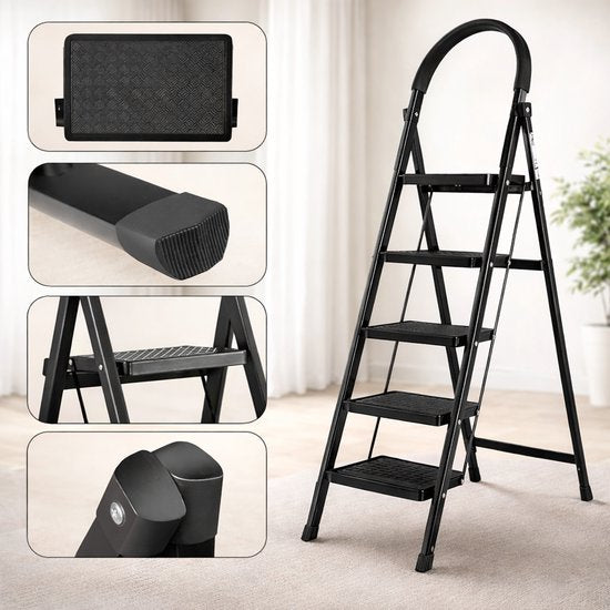 ToolX Huishoudtrap - Keukentrap - Staal - 5 treden - Inklapbaar - Anti-Slip - Opvouwbaar - Zwart