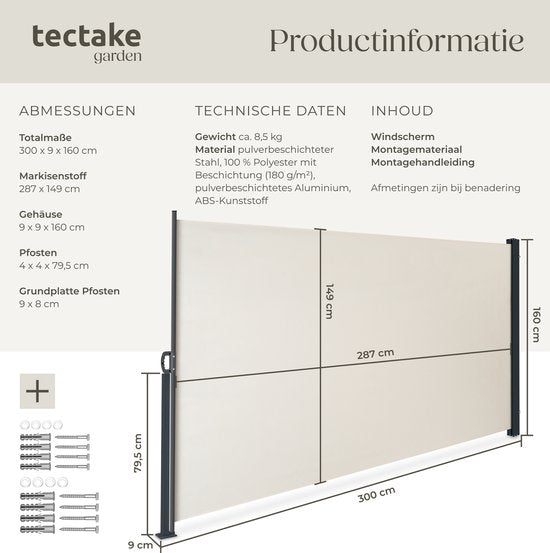 tectake® Uitschuifbaar Windscherm met Oprolmechanisme - 300 x 160 cm - Zijluifel met Aluminium Frame- Zonnescherm - Tuinscherm - Beige Balkonscherm - Ondoorzichtbaar Privacyscherm - Markiesdoek