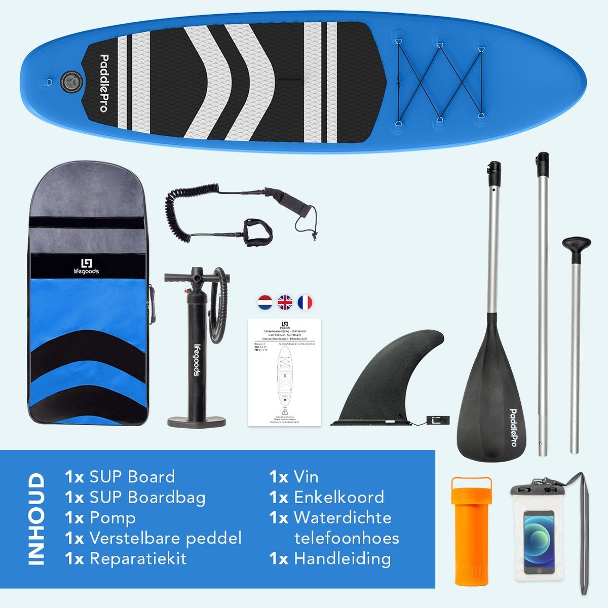 LifeGoods SUP Board - Opblaasbaar Paddle Board - Complete Set - Max. 135KG - 320x81cm - Blauw