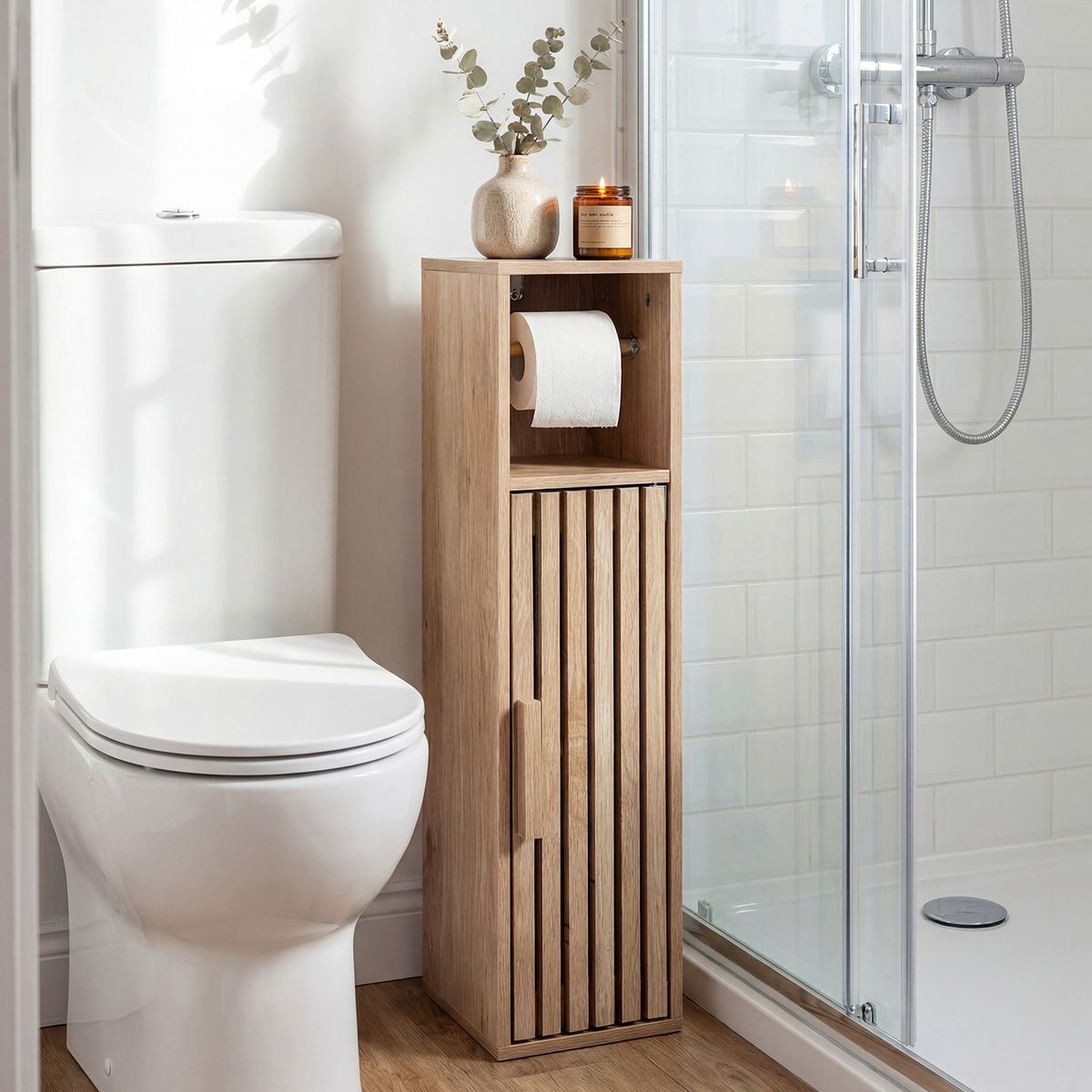 Coast Smalle Badkamerkast - toiletpapierhouder - verstelbare legplank - natuurkleur 20 x 19 x 78 cm