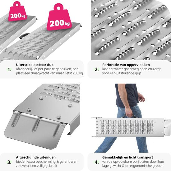 tectake® - Set van 2 oprijplaten Björn - Opvouwbaar met draaggrepen - Inklapbaar - Belastbaar tot 400 kg - 200 kg per plaat - 166 cm