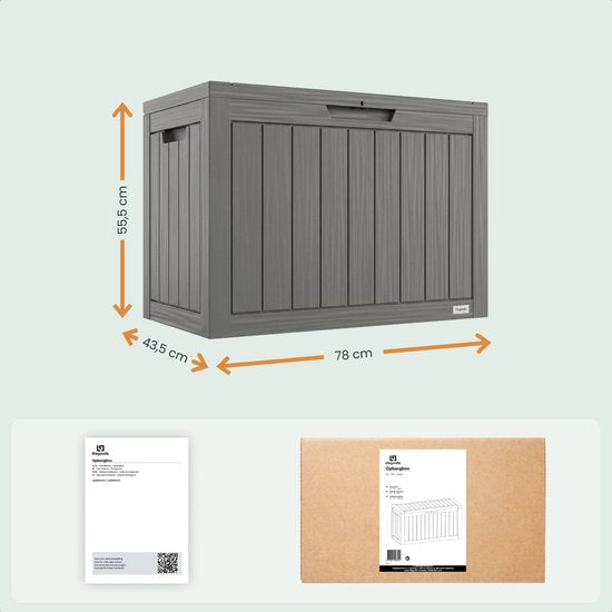 LifeGoods Opbergbox XS 170L - Tuinkussen Opbergbox - Waterdicht - Weerbestendig - Houtlook - Met Slothouder - Grijs