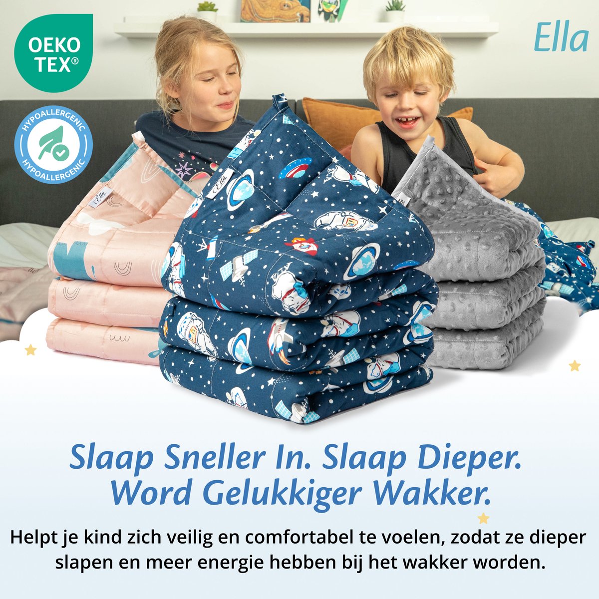 EL-Life Verzwaringsdeken Kind 3,2kg - 100 x 150cm - Zwaartedeken - Weighted Blanket - Verzwaarde Deken - OEKO-TEX Katoen - Ruimte & Astronauten