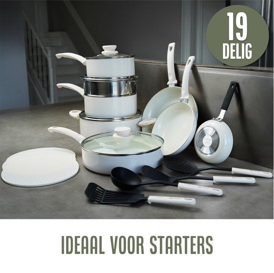 COOCK 19-Delige Pannenset Inductie - Speciale Anti-Aanbak Coating - Ergonomische Koudgrepen - Gerecycled Aluminium - koekenpannenset - kookpottenset - Wit - Inclusief Onderzetters en E-book