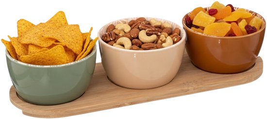 Secret de gourmet Serveerplank voor hapjes / nootjes - 3x schaaltjes - tapas en saus schaaltjes - kleuren mix - hapjes plateau