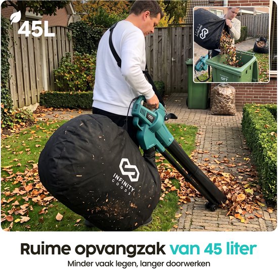 Infinity Goods Elektrische Bladblazer en Zuiger - 3500W - Versnipperfunctie - 45L Opvangzak - Op Snoer - 280 km/u Luchtsnelheid
