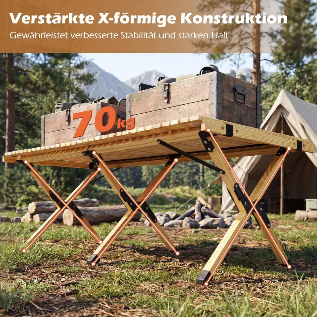 Coast Opvouwbare Campingtafel 122 × 60 × 45 cm – Houten Picknicktafel voor 4-6 Personen met Oprolbaar Tafelblad & Draagtas – Naturel