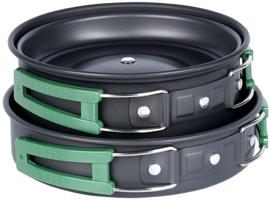Redcliffs Outdoor Camping pannenset - 2x - aluminium/RVS - zwart/groen - kamperen