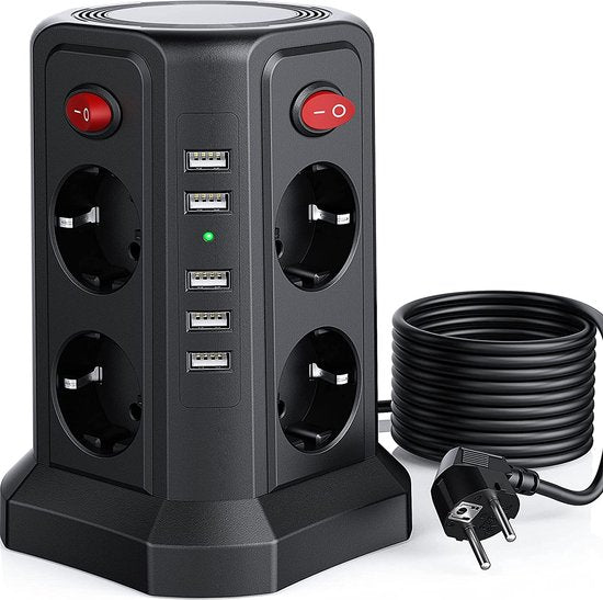 URGOODS Stekkerdoostoren - 8 Outlets - USB - Aan/Uit Schakelaar - 3 m Kabel - Zwart