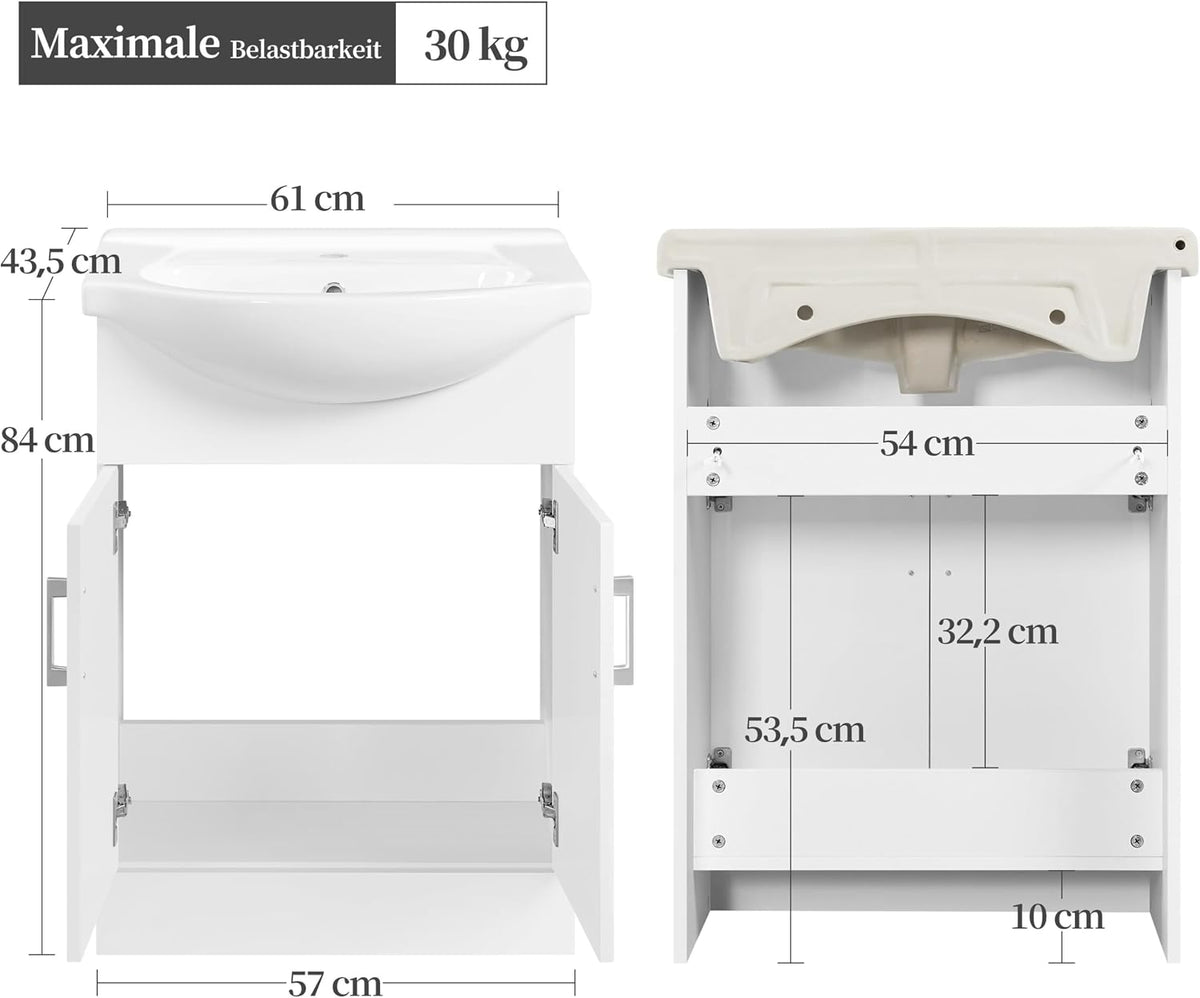 Yaheetech Badkamermeubel met Wastafel - Wit Hoogglans - 61 x 43,5 x 84 cm - Vrijstaand, Keramische Wasbak