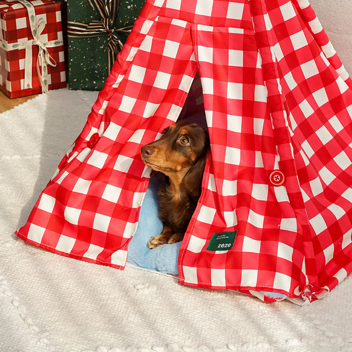zeze huisdierentent met kerstmuts - rood-wit geruit - 60 × 60 × 78 cm