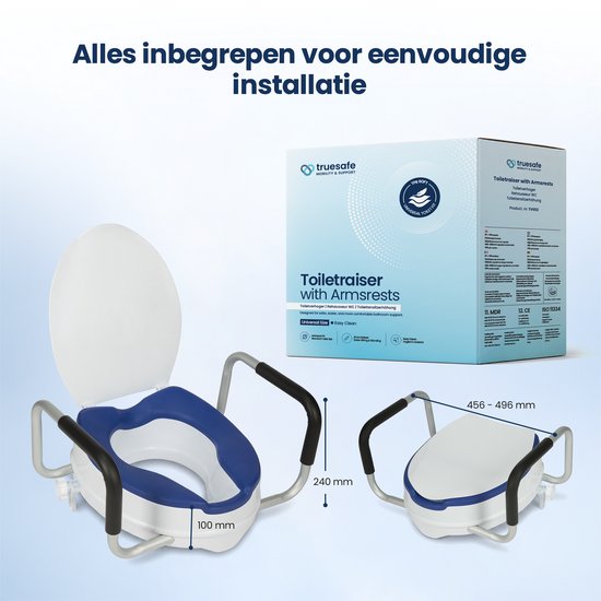 Truesafe Toiletverhoger 10 cm - Universele maat - Met armleuning en deksel - Verhoogde WC bril - Ergonomisch zitkussen - Verhoger voor volwassenen & senioren