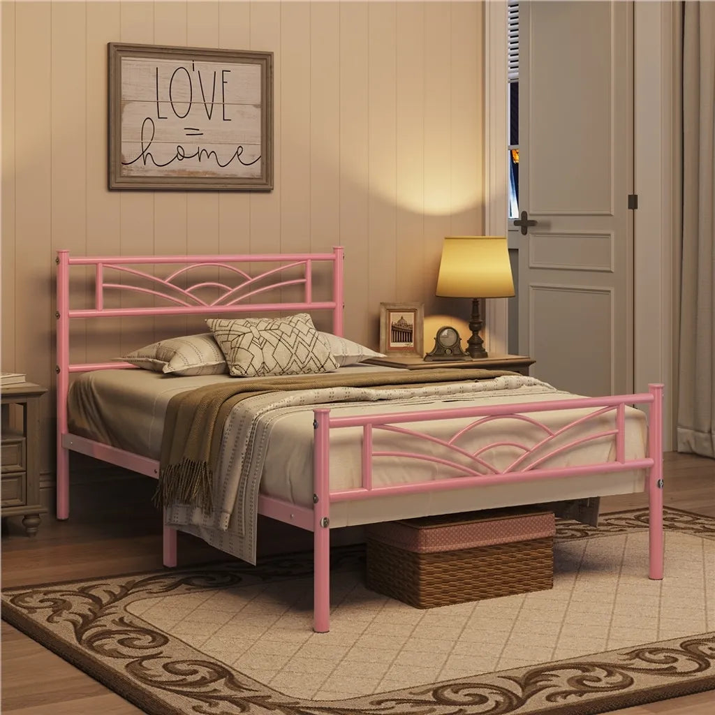 Yaheetech Metalen Bedframe 90 x 190 cm - Lichtroze - Eenpersoonsbed met Wolkenpatroon Hoofdbord