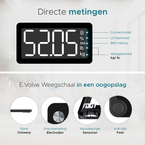 e.volve Weegschaal Personenweegschaal Digitaal - 20x - Zwart - Slimme Weegschaal met Lichaamsanalyse - Precisie Weegschaal - Weegschalen - Digitale Weegschaal - Incl. App