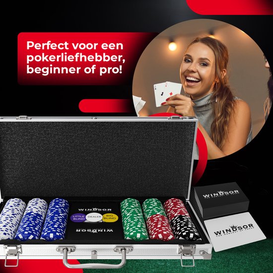 Windsor Pokerset - 300 Chips - PokerKleed - Blinds - Kaarten - Pokerchips - Poker Fiches