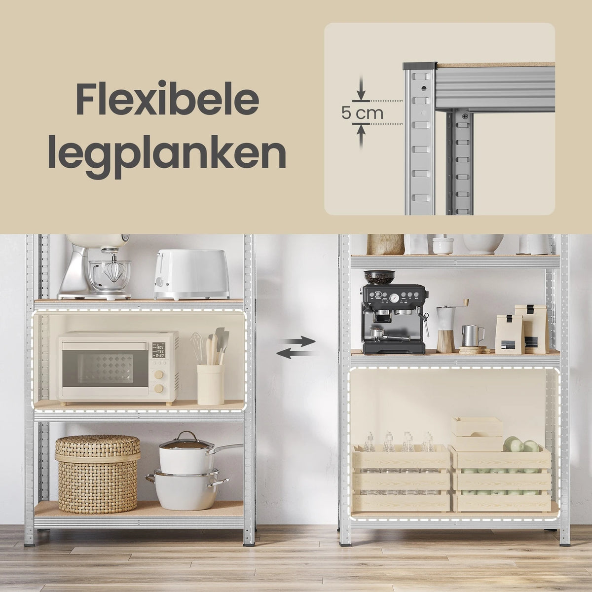 Ochama Stellingkast Set van 2 - 5 Niveaus - 90 x 40 x 180 cm - 175 kg per Plank - Staal en MDF - Zilver