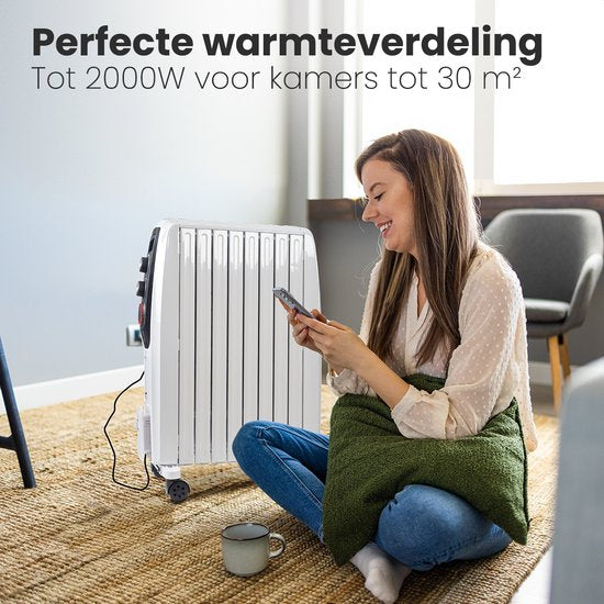 Auronic Olieradiator met Thermostaat - 2000W Heater - Elektrische kachel - Timer - 3 Standen - Wit