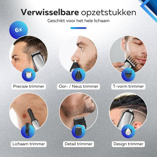 6-in-1 Baardtrimmer Mannen - 6 Verwisselbare Opzetstukken - Trimmer Baard en Lichaam - Bodygroomer - Neus en Oortrimmer