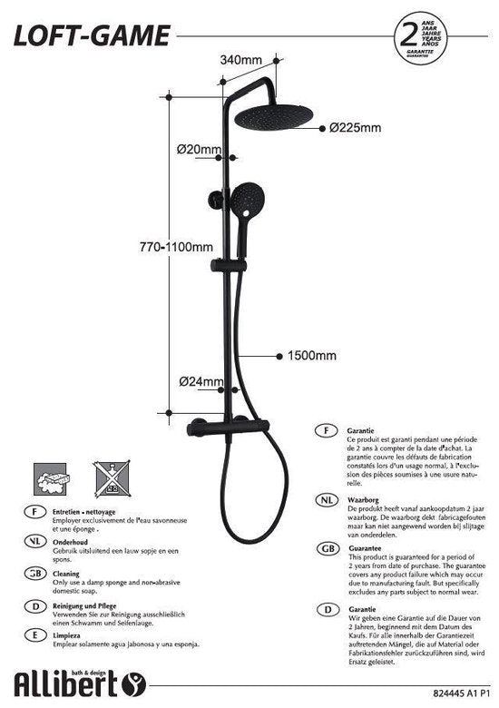 Allibert Loft-Game Douchekolom - Regendouche - Ø 22,5 cm - Met thermostaatkraan - Mat zwart