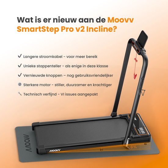 Moovv SmartStep Pro v2 Incline - Loopband Inklapbaar met 6% Hellingfunctie 1-12km/u - Met Accessoires - Walking Pad - Inklapbare Treadmill - Opvouwbare Wandelband Elektrisch - Fitness voor Thuis