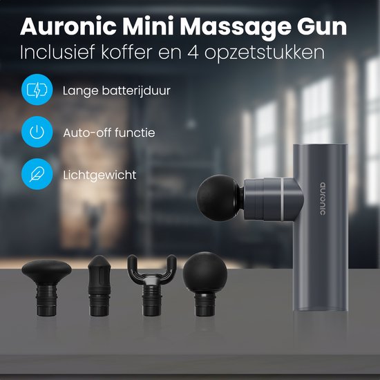Auronic Massage Gun - Massage Apparaat - Professioneel - 4 Opzetstukken en Koffer - Massage Pistool - Hele Lichaam - Grijs
