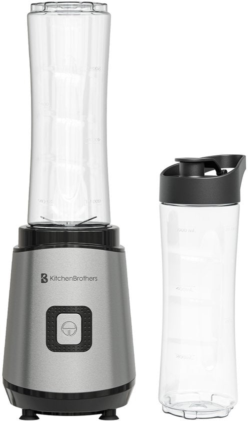 KitchenBrothers Mini Blender - Blender to Go - Smoothie Maker - 2 To-Go Bekers 600 ml - RVS