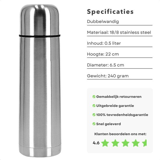 Thermosfles - Thermosbeker - Isolatiekan - Isoleerkan - Dubbelwandig - 0.5 Liter - RVS - Voor Warme en Koude Dranken - Inclusief EBOOK