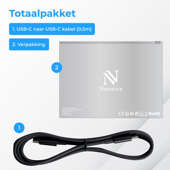 Nuvance Usb C Kabel - 100W - Usb C naar Usb C - 0.5 Meter - Usb-C Kabels - Snellader - 480Mb/ps Data - Usb C Oplader - Zwart