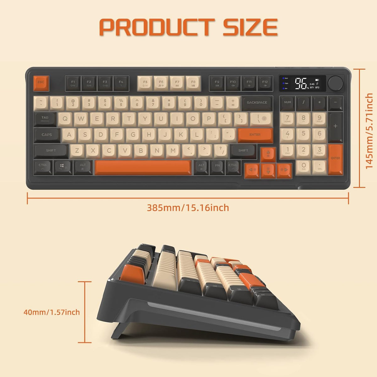 FREEWOLF M96 Draadloos Gaming Toetsenbord, Knop Bediening Bluetooth/2.4G Draadloos Mechanisch Gevoel Toetsenbord, RGB LED-Backlit met scherm, PBT Keycap, 3000mAh, US Layout voor Win/Mac-Flikkering