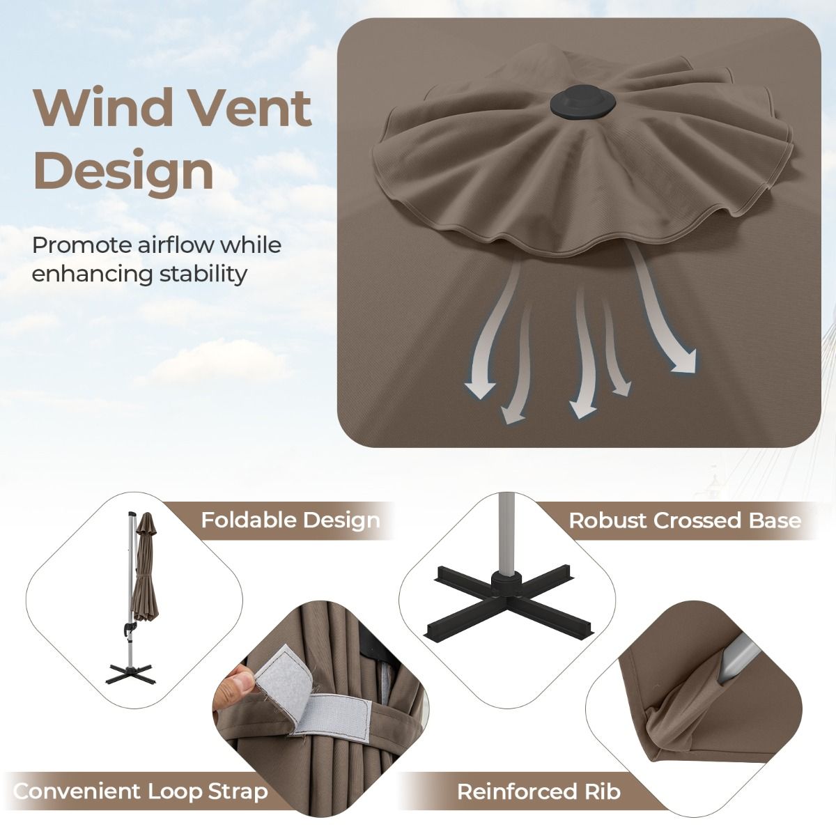 Coast Vrijhangende Parasol - 360° draaibaar - Verstelbare kanteling - Bruin/Beige - 339 x 260 cm
