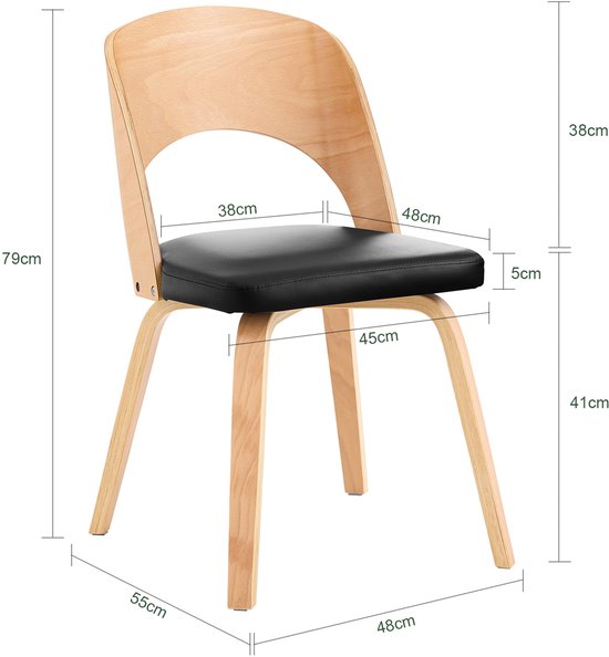 SoBuy Stoel van hout met gevoerde rugleuning en zitting, stoel voor keuken, eetkamer, kantoor, slaapkamer, natuur en zwart, 48 x 55 x 78 cm, FST97-SCH