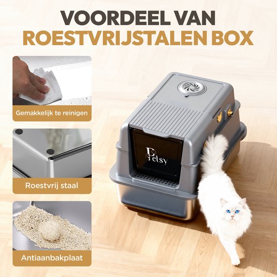 Petsy® - Premium Kattenbak RVS Pro - XXL - Incl. Geurneutralisator - Incl. Kattenbakschep, Grit Opvanger & Uitloopmat - Voor Grote & Kleine Katten - 37L Inhoud Groot -