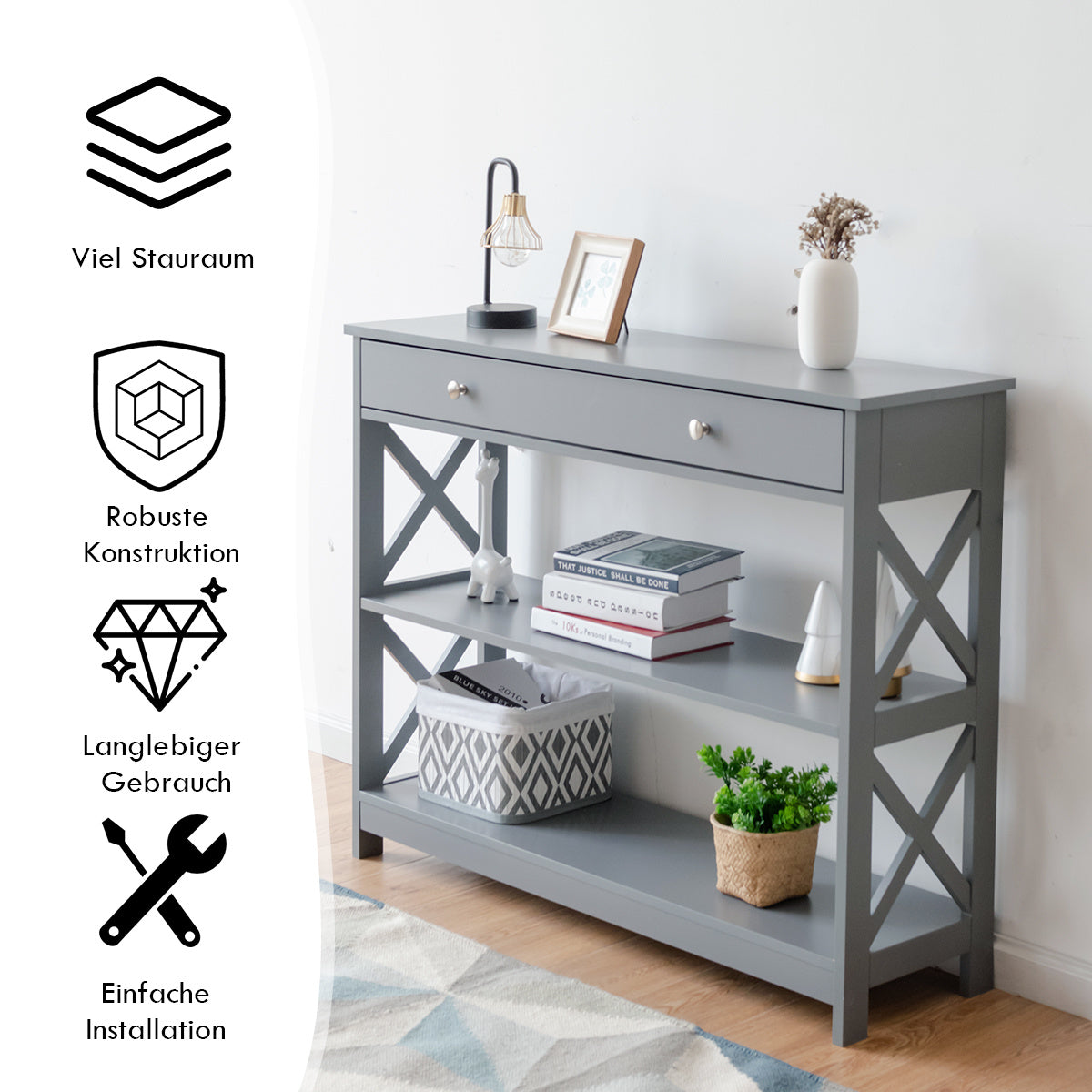 Coast Console Tafel 3 Niveau met Lade Houten Haltafel 100 x 30 x 80 cm Grijs