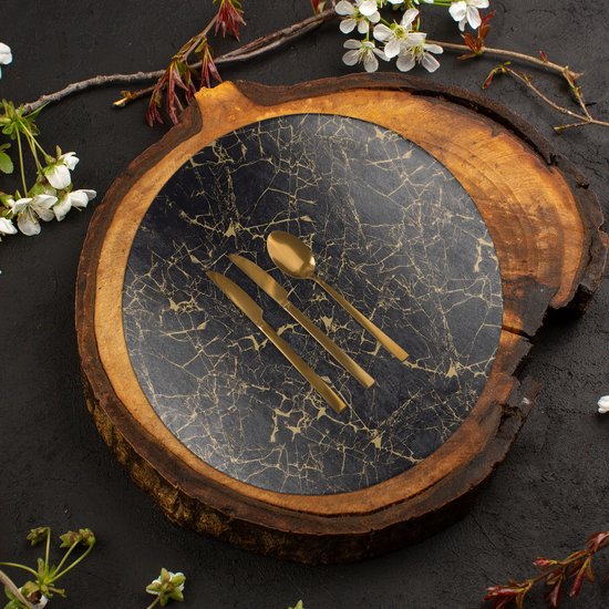 Castagnola Lederlook Placemats - Ronde Placemats - Antislip Placemat van Kunstleer - Waterafstotende Onderlegger - Onderzetter - 6 Stuks - Diameter 38 cm - Zwart/Goud