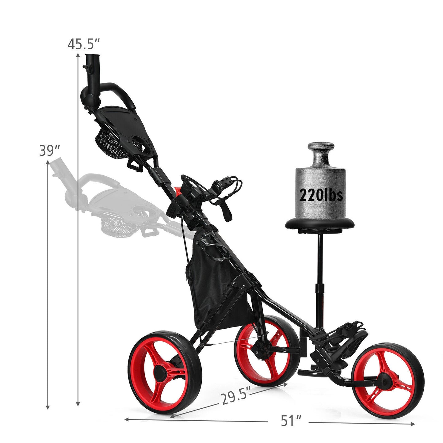 Coast 3-Wheel Golf Kart Verstelbaar licht Golf Kart 129,5 x 75 x 101,5-119,5 cm rood + zwart