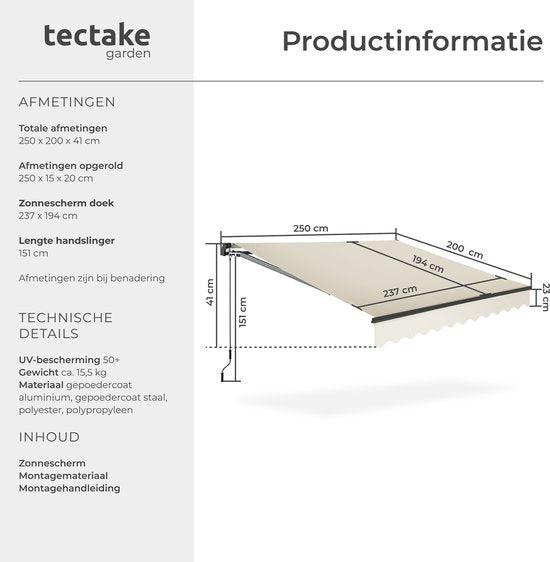 tectake® Zonnescherm met Knikarm - 250 x 200 cm - Zonneluifel - Zonwering voor Raam, Balkon, Buiten - Te Monteren aan Muur - Water- en UV-Bestendig - Beige