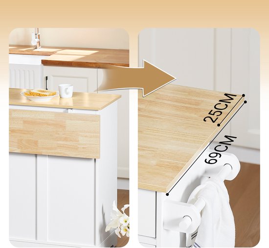 SoBuy FKW129-WN Keukentrolley op Wielen – Keukeneiland met Uitschuifbaar Werkblad, 2 Lades en Verstelbare Planken – Mobiele Keukenwagen of Eettafelkast, Wit 113x91x(44-69) cm