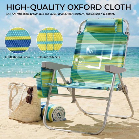 Luxe Strandstoel Set van 2 - Verstelbaar (5 Standen) - Inklapbaar met Rugzakbanden, Koeltas & Handdoekrek - Groen/Blauw Gestreept
