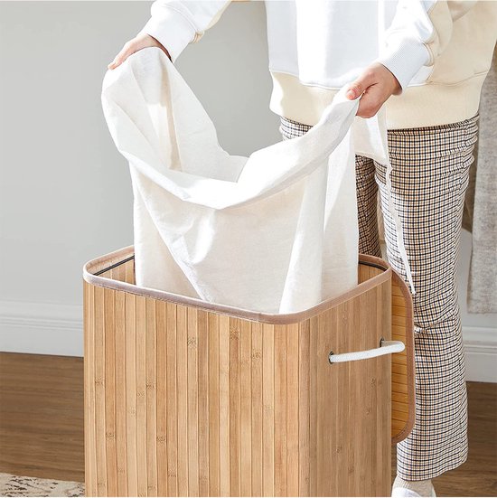 Songmics XL 72 Liter - Grote opvouwbare wasmand - bamboe - wasbare voering - 40 x 30 x 60 cm