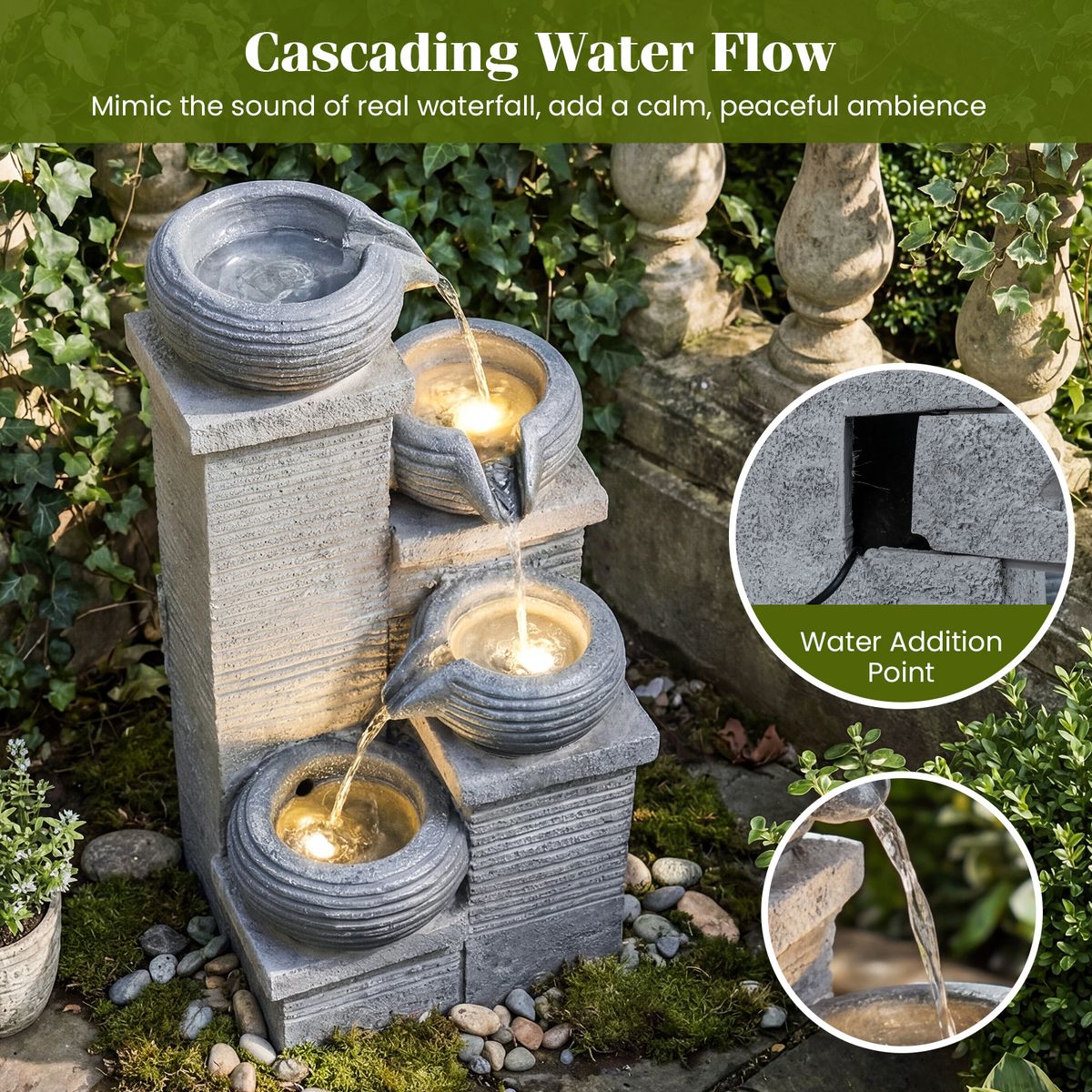 Coast Tuinfontein met LED-verlichting - Viertraps waterval - Kunsthars en glasvezel - Grijs 28 x 22 x 58 cm
