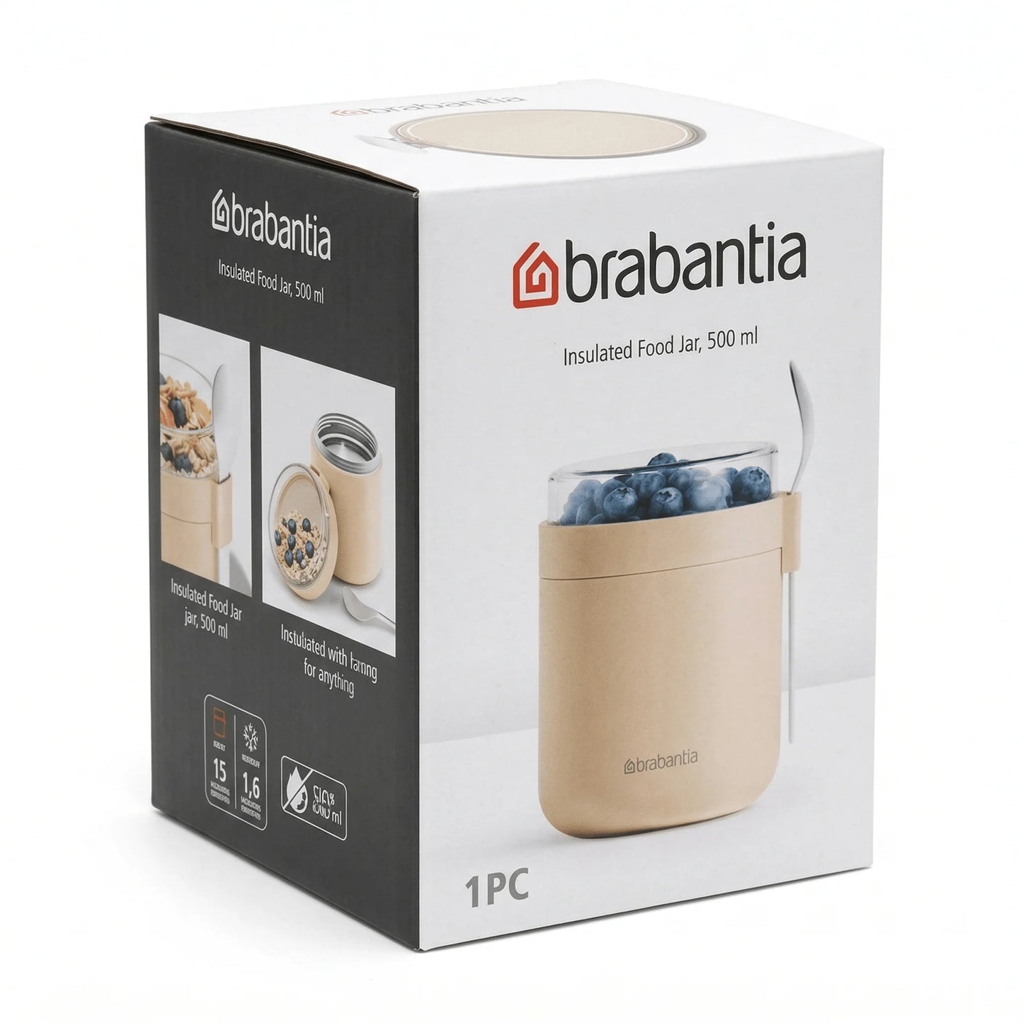 Brabantia Voedselbeker 500 ml inclusief Lepel, Lekvrij, Soft Beige
