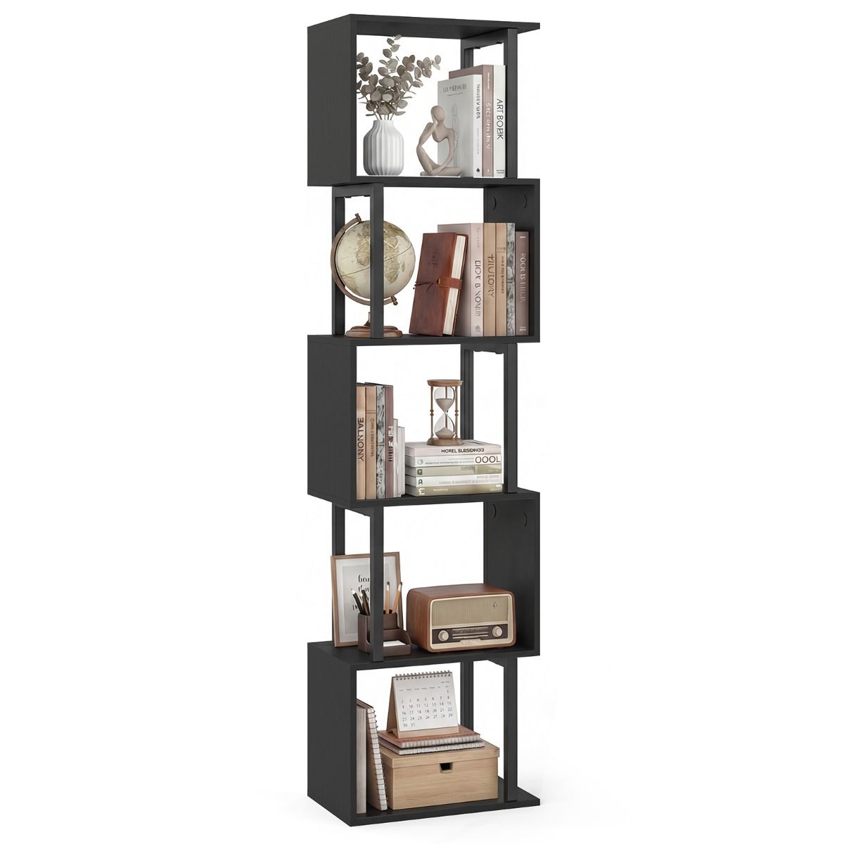 Coast Boekenrek met 5 planken - geometrisch ontwerp - metalen frame - zwart/rustiek bruin