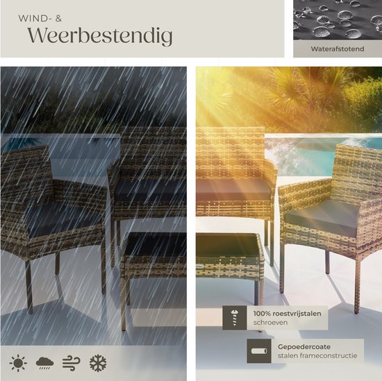 tectake® - Wicker tuinset Palese - Zitgroep voor 4 personen - Tuinmeubelset met loungebank, tuintafel en 2 tuinstoelen inclusief zitkussens - Tuinmeubelen - Waterafstotend - Grijs