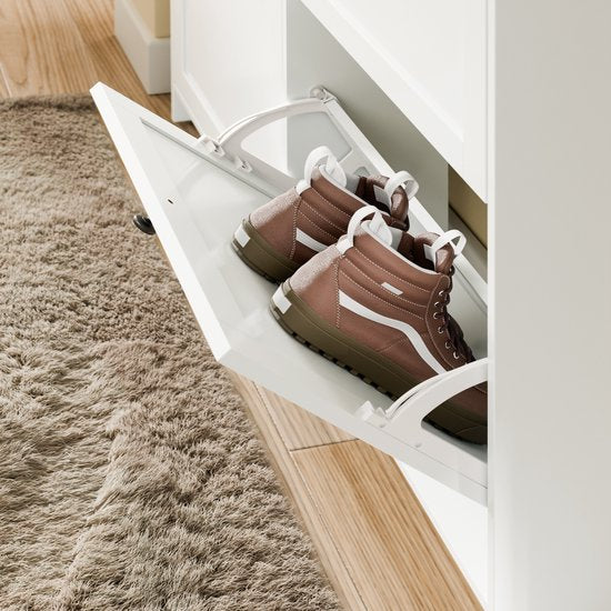 SoBuy Schoenenkast voor ingang, schoenenkast met 2 laden en 4 opklapbare deuren, praktische opslag voor 12 paar schoenen, wit, MDF E1, ideaal voor kleine ruimtes - FSR208-W