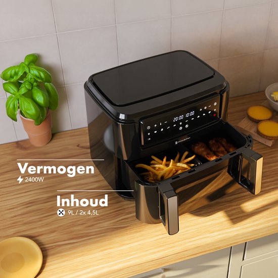KitchenBrothers Airfryer XXL Dual Zone - 9L - 2400W - Heteluchtfriteuse - Snackverdeler - 50ºC tot 200ºC - 10 Kookprogramma's - Zwart
